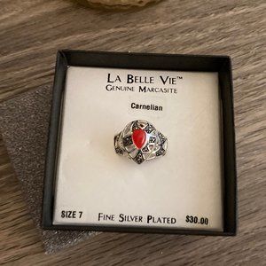Marcasite  Carnelian Silver Plated  Ring  7 New in box